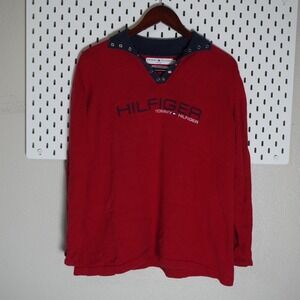 Tommy Hilfiger Womens 1X Pullover Top Red Long Sleeve Sweater Logo‎ Collared